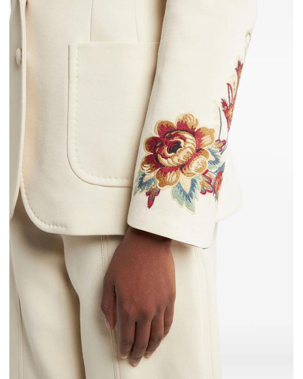 Etro Natural Single-Breasted Blazer With Floral Embroidery