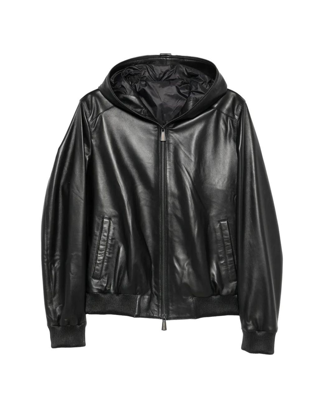 SERGIO MORETTI FIRENZE Black Hooded Leather Jacket for men