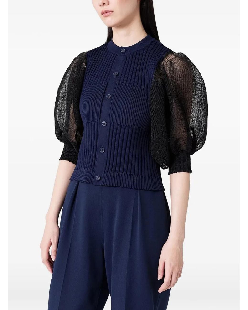 CFCL Blue Ribbed Puff-Sleeve Cardigan