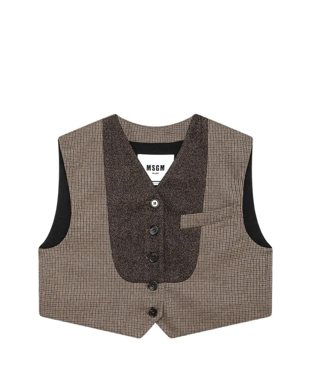 MSGM Brown Check-Pattern Cropped Waistcoat