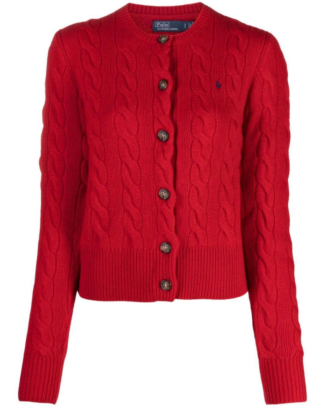 Polo Ralph Lauren Cable-knit Wool-blend Cardigan in Red | Lyst