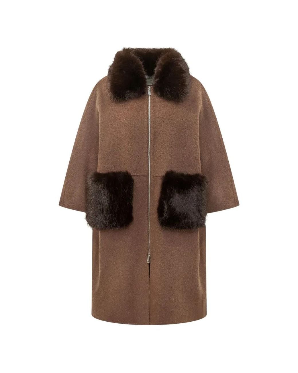 Ava Adore Brown Faux Fur-Trim Zip-Up Coat