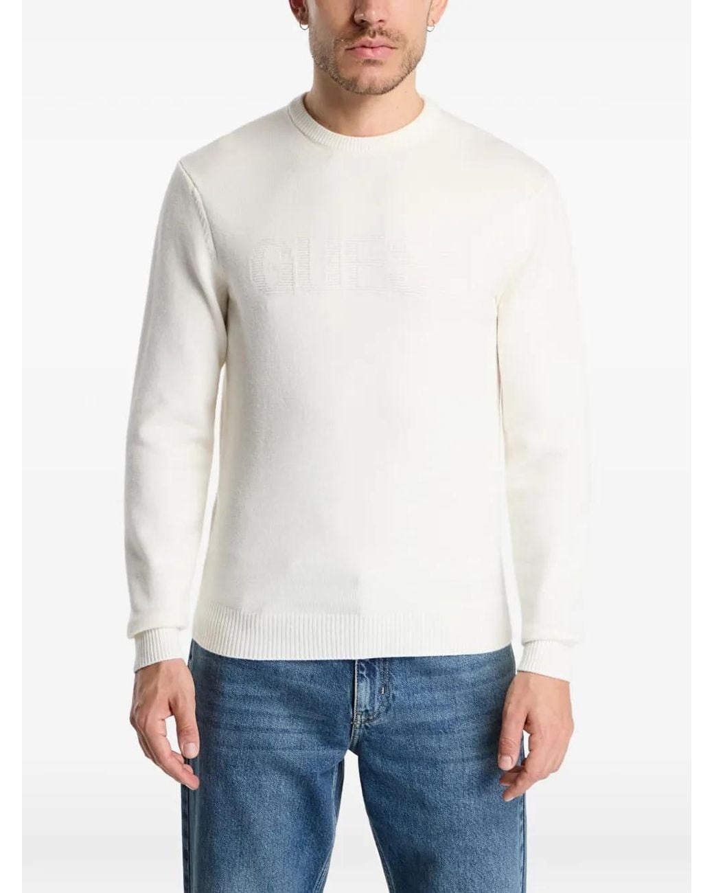 Guess White Logo-Embossed Long-Sleeve Sweater for men