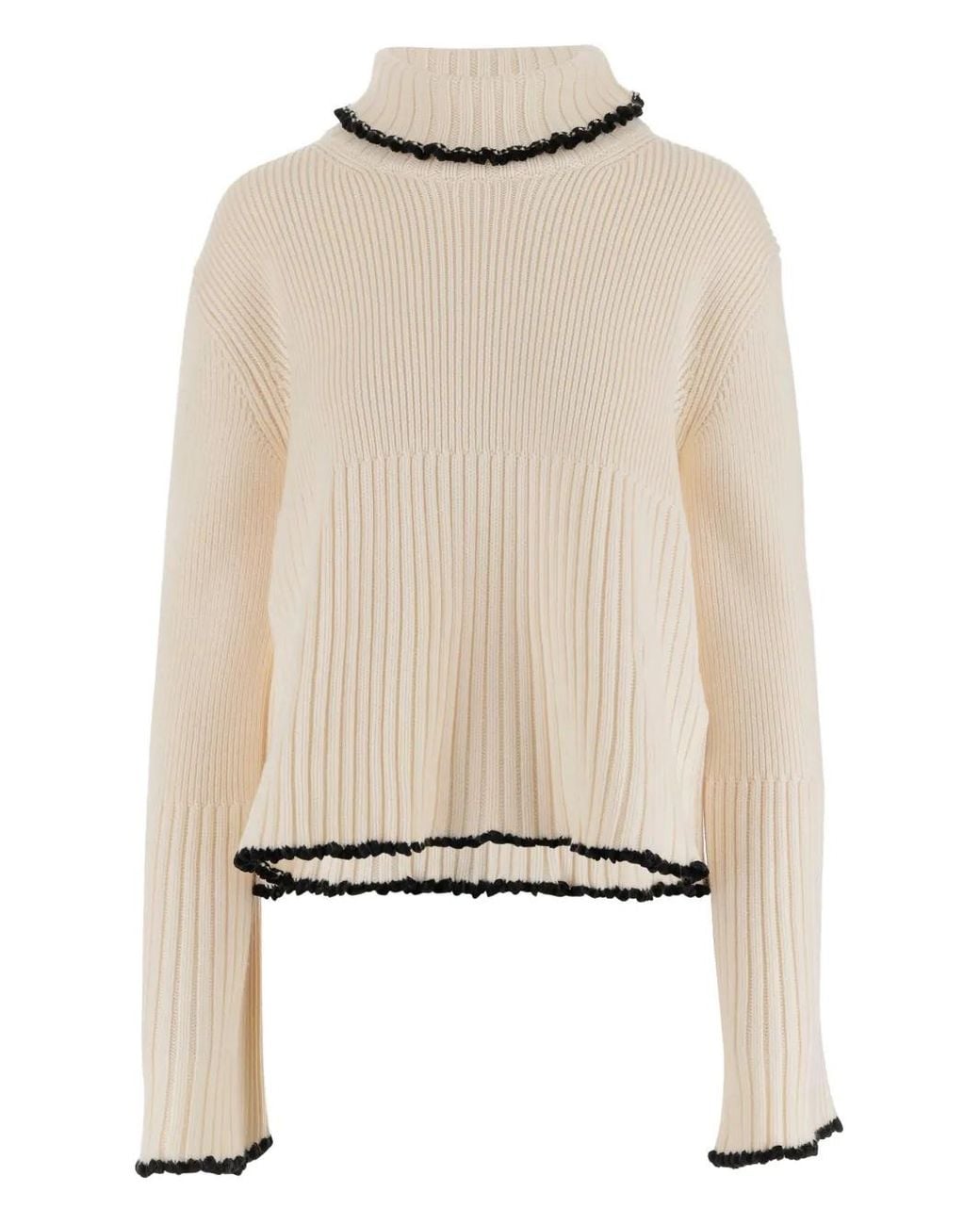 Jil Sander Natural Ribbed High-Neck Ruffled Sweater