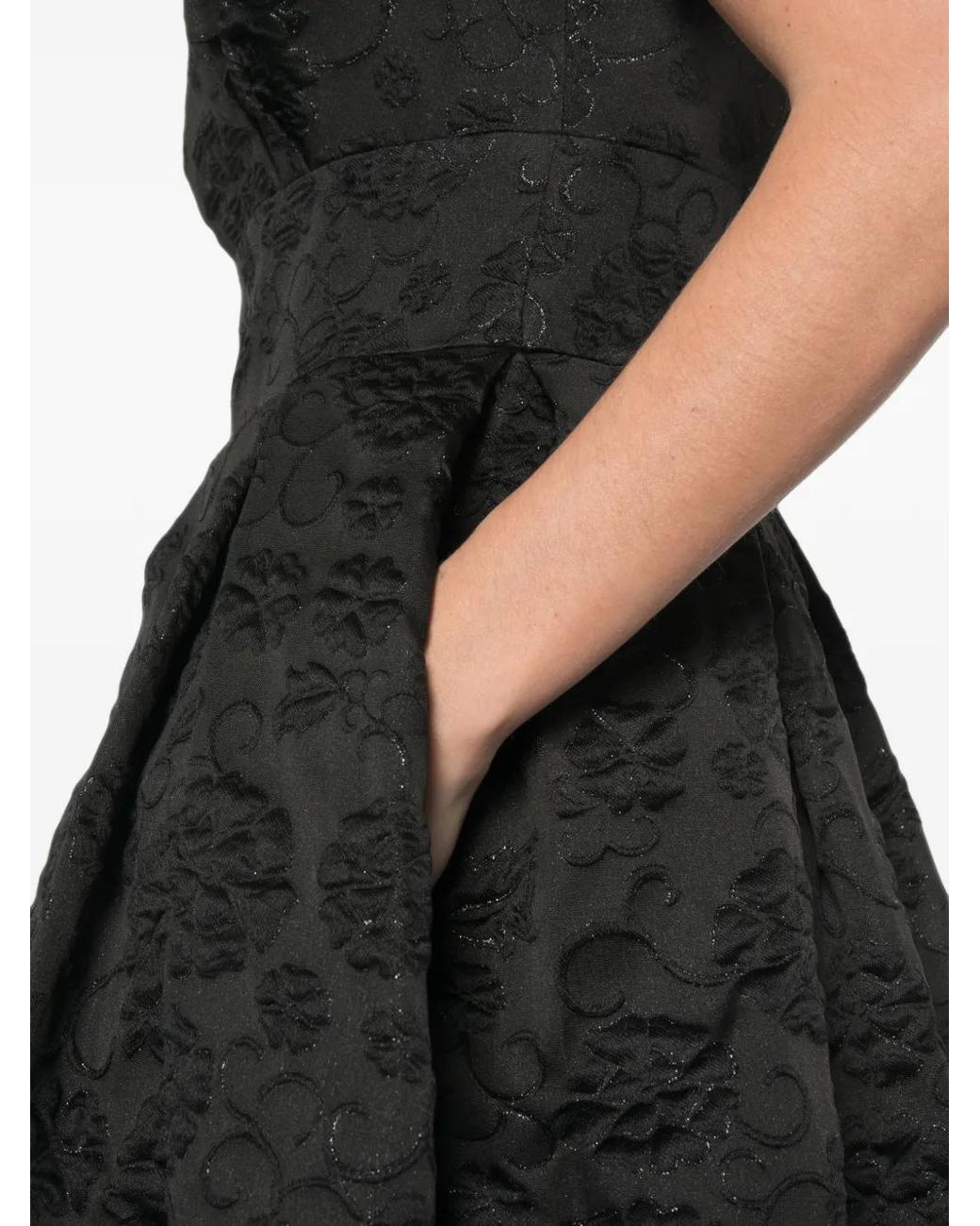 Elie Saab Black Floral-Jacquard Pleated Midi Dress