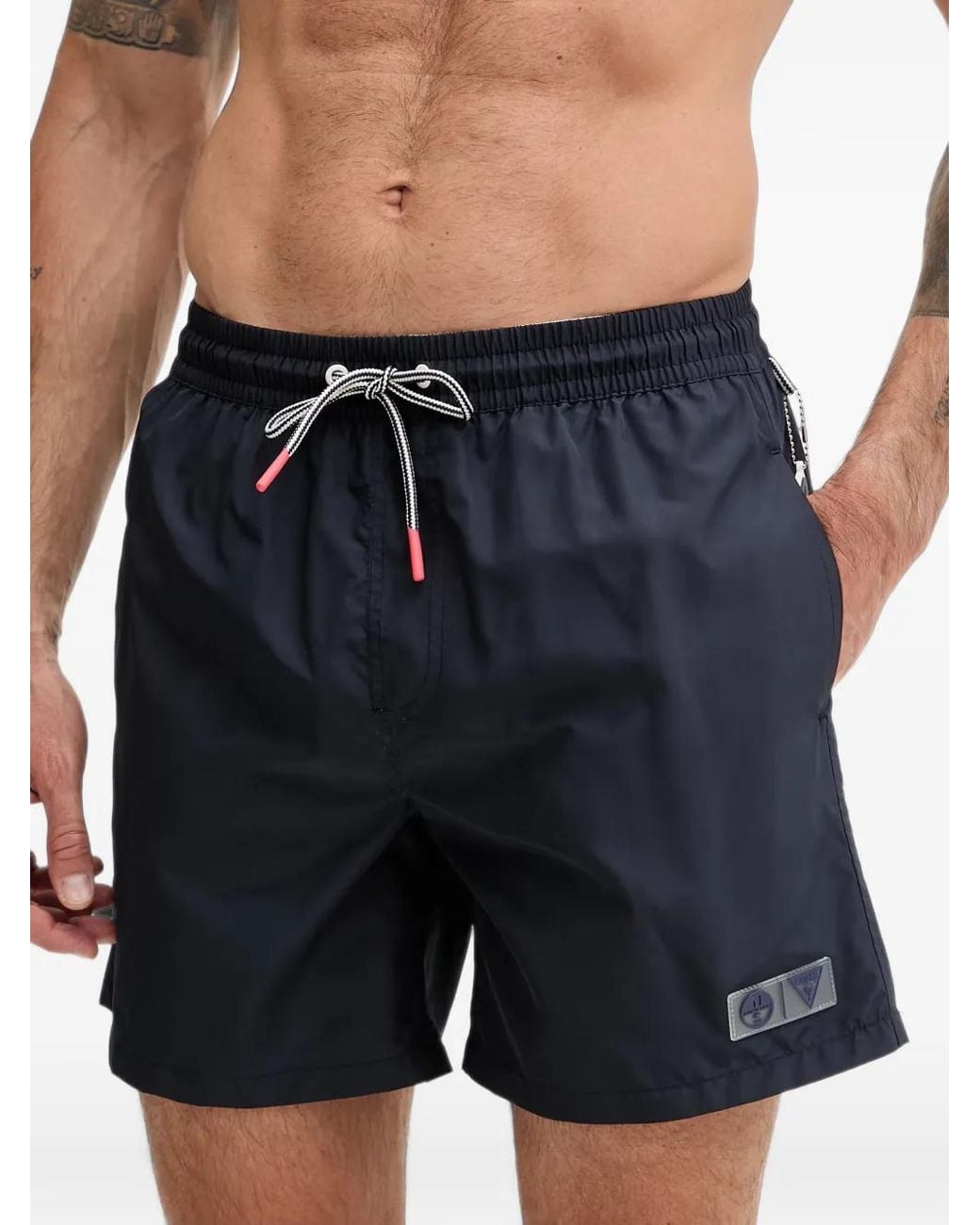 Guess Blue Logo-Patch Drawstring Swim Shorts for men