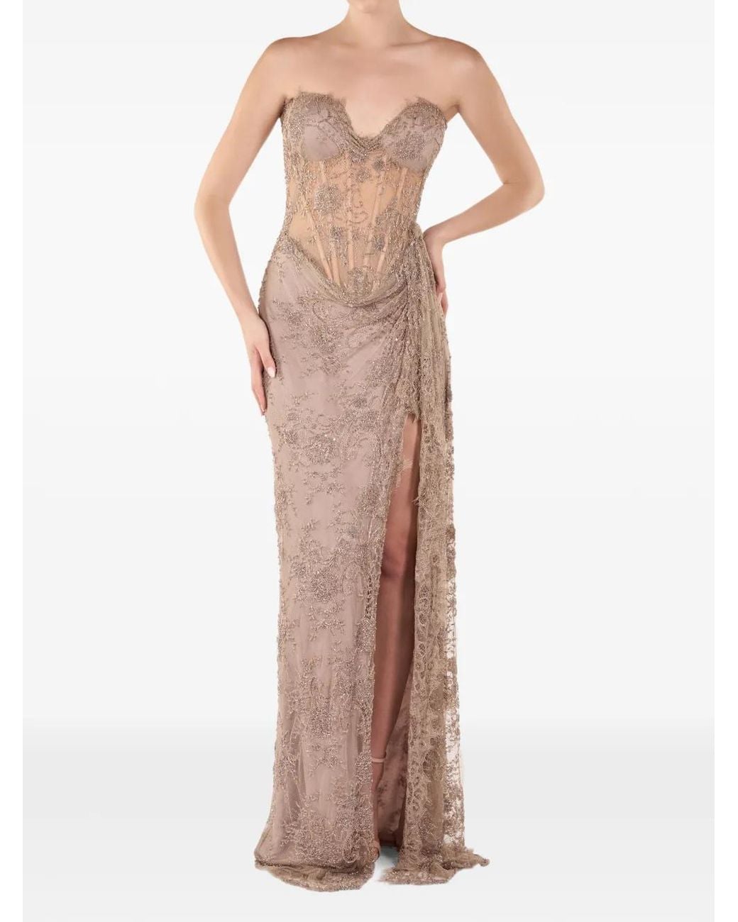 ANDREEA VENECIUC Natural Lace-Embroidered Corset-Style Gown