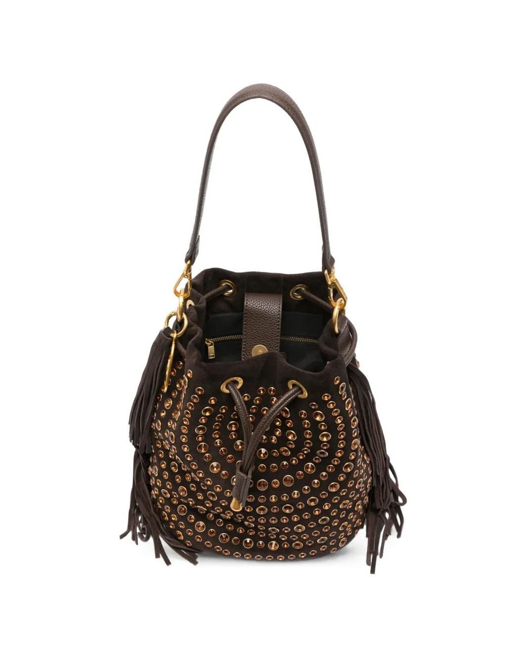 La Carrie Brown Andromeda Studded Fringed Bucket Bag