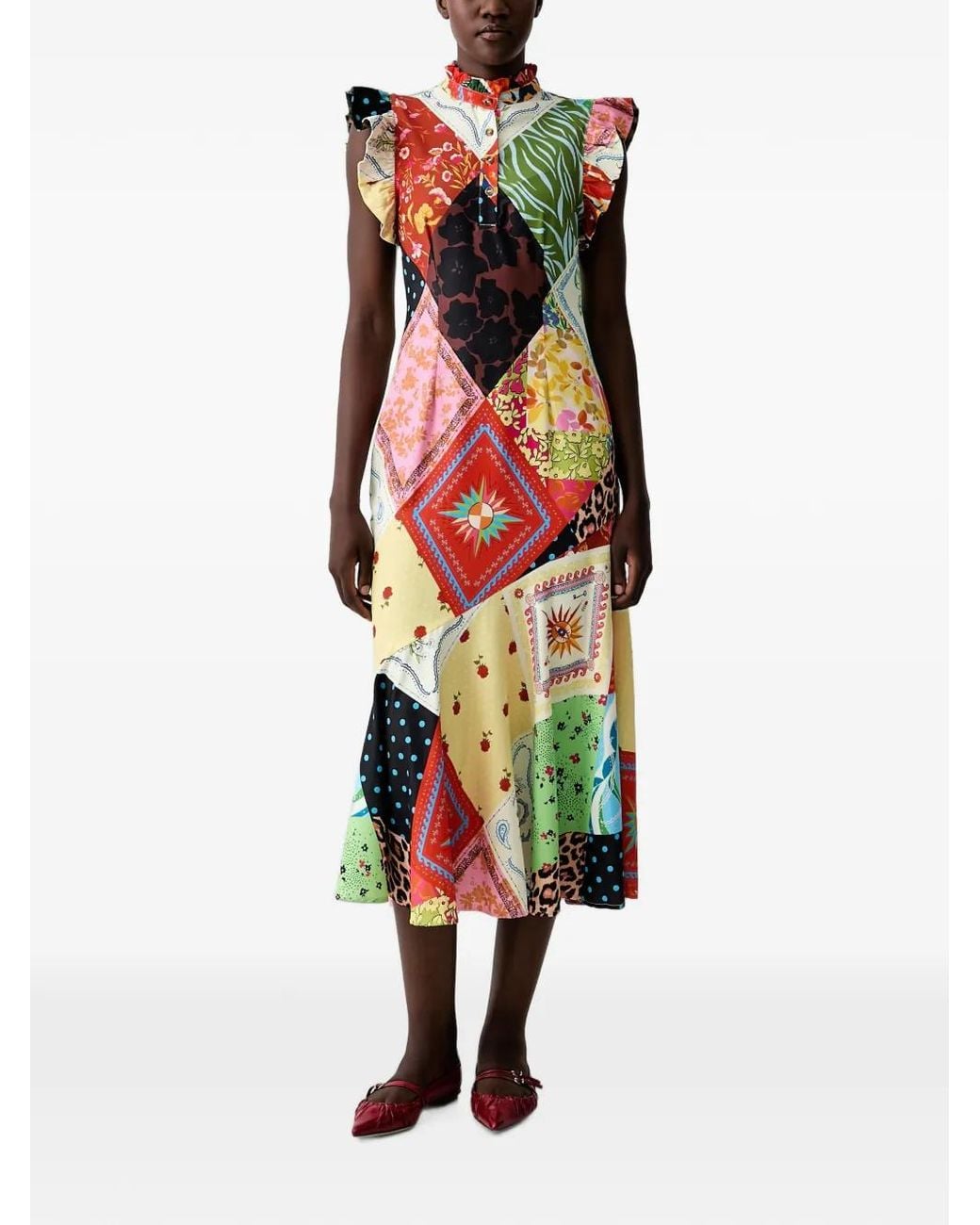 Never Fully Dressed Red Patchwork Ruffled Midi Dress