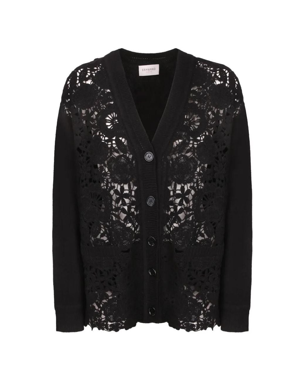 ERMANNO FIRENZE Black Floral-Embroidered Lace-Panel Cardigan