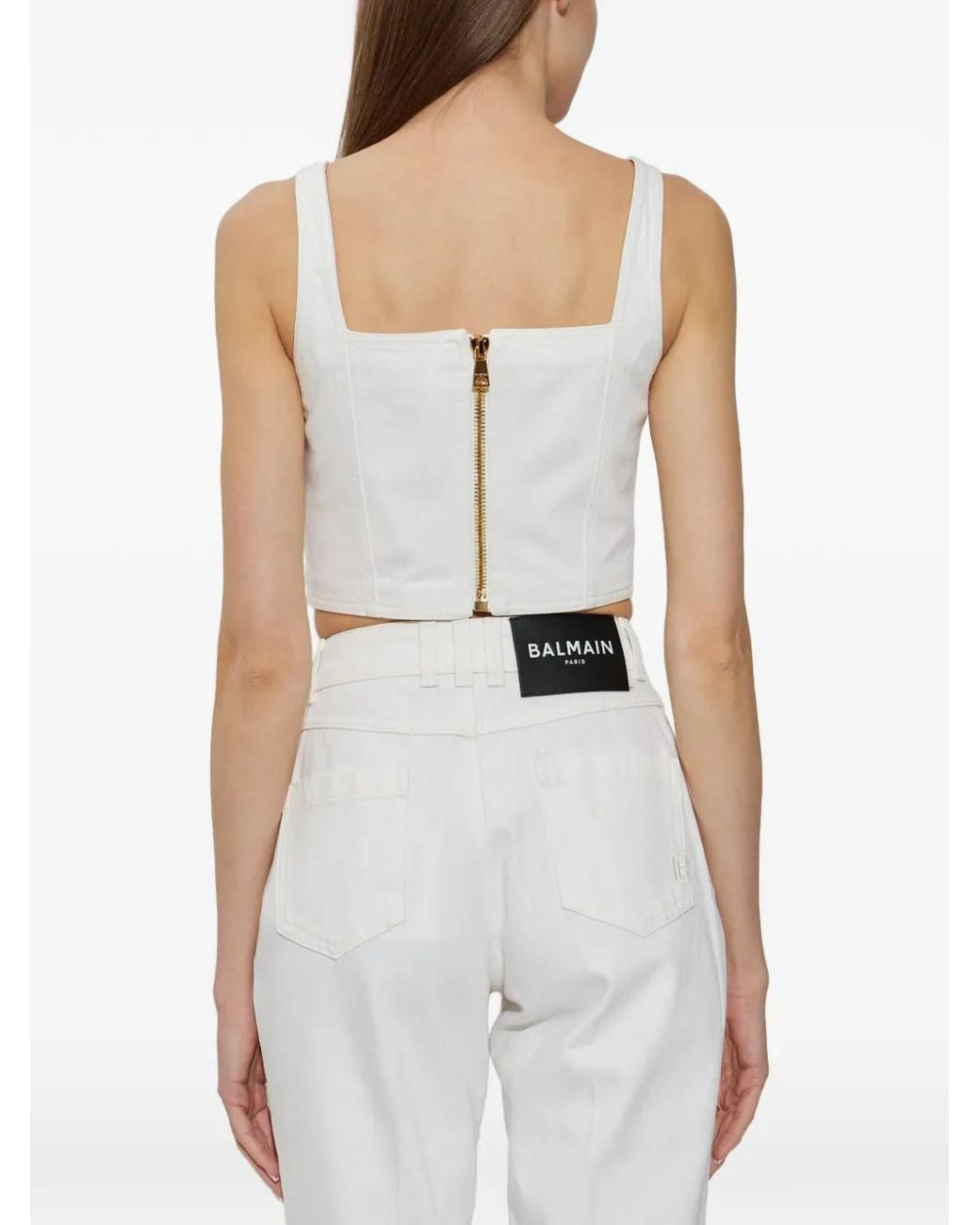 Balmain White Button Square-Neck Top