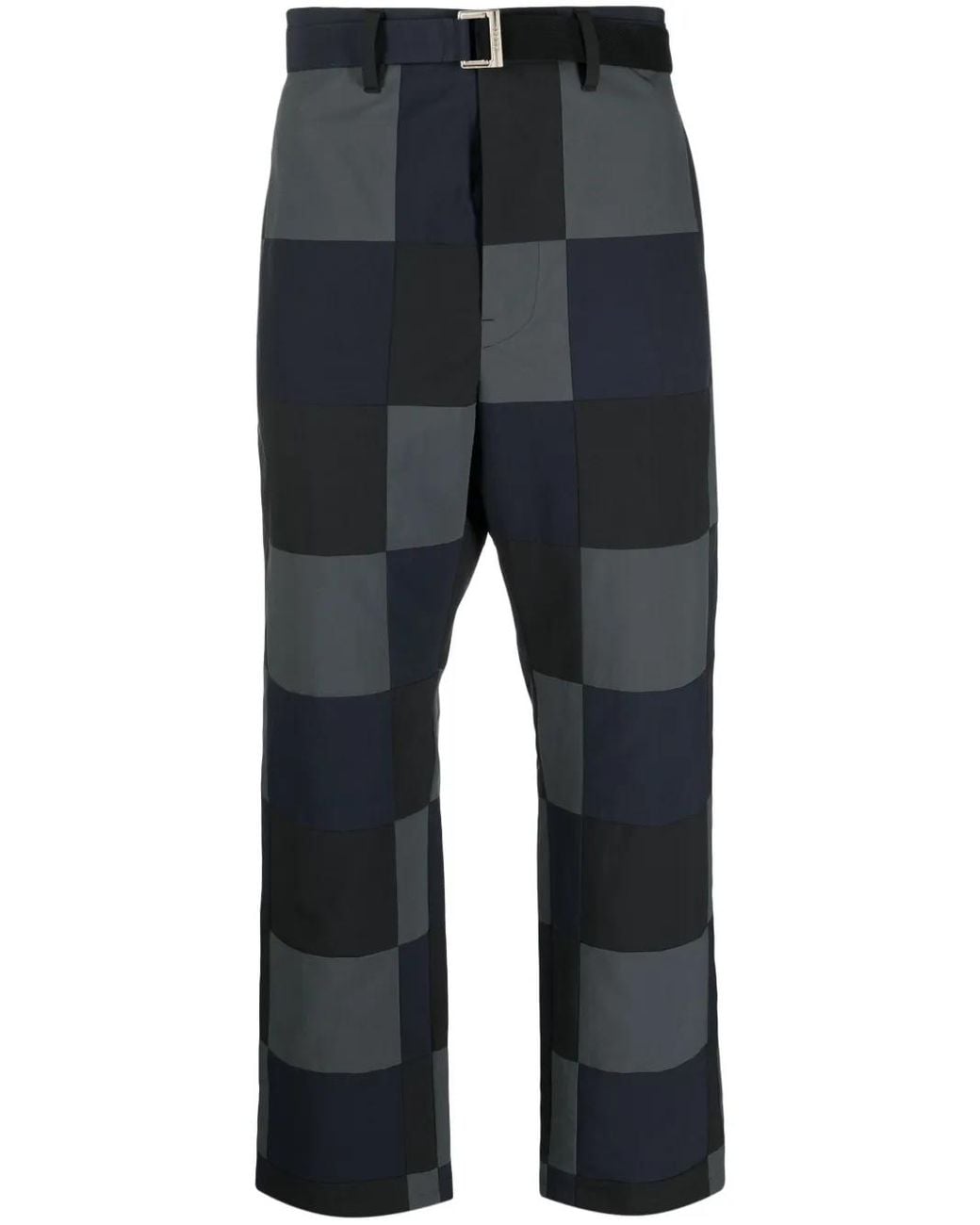 Sacai Blue Checkerboard-Print Cotton Chino Trousers for men