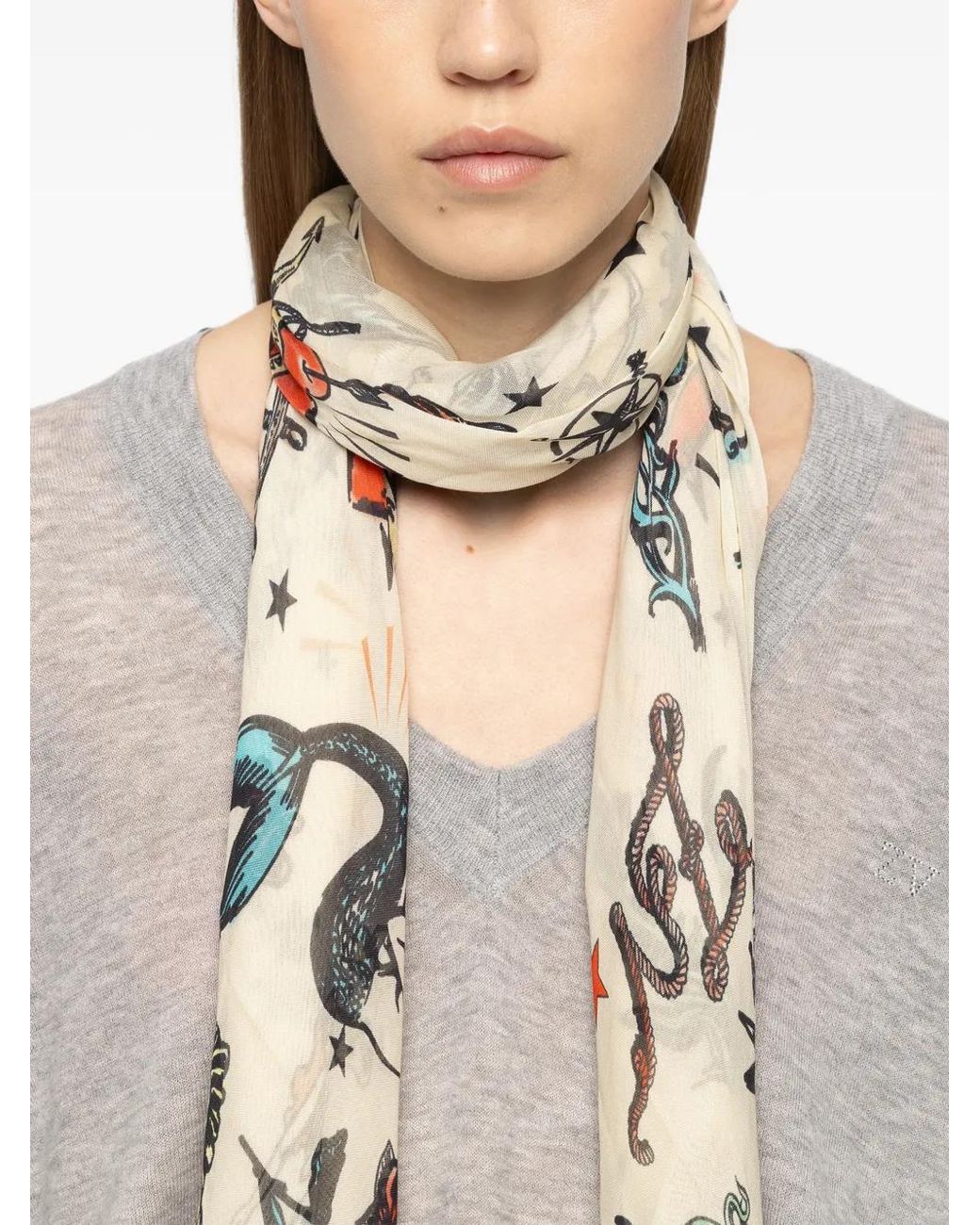 Zadig & Voltaire Natural Foulard Kerry 135 À Motif De Tatouage