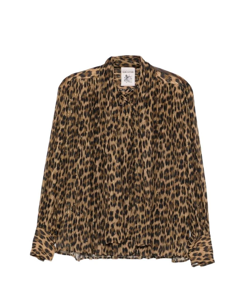 Semicouture Brown Leopard-Print Pussy-Bow-Collar Shirt