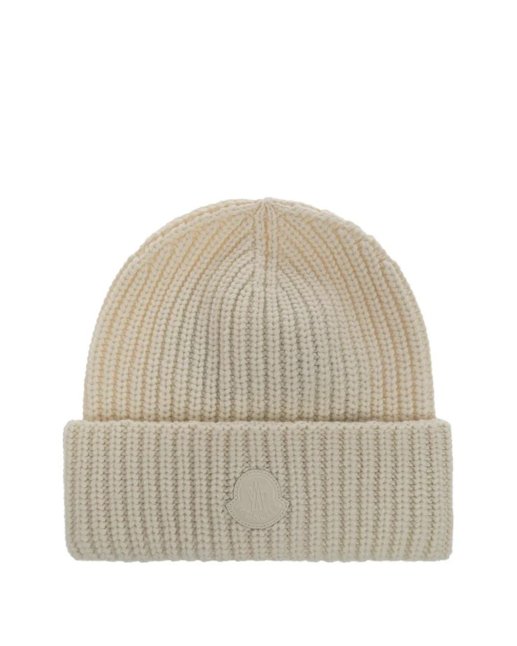 Moncler Natural Logo-Patch Ribbed Beanie Hat