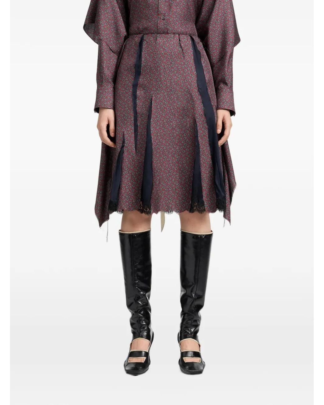 Maison Margiela Purple Paisley-Print Lace-Trim Midi Skirt
