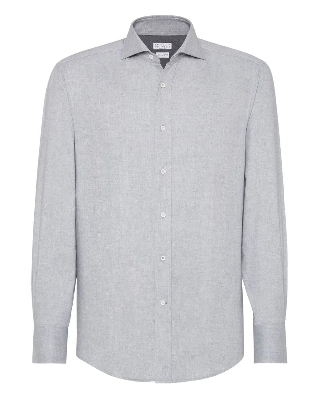 Brunello Cucinelli White Cotton-Blend Chevron Flannel Shirt for men
