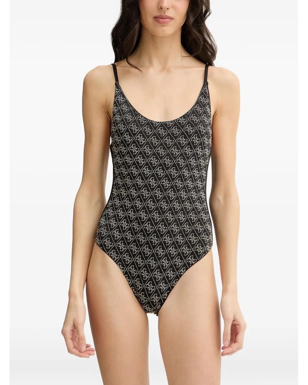 Guess Black Rhinestone-Embellished Monogram Swimsuit