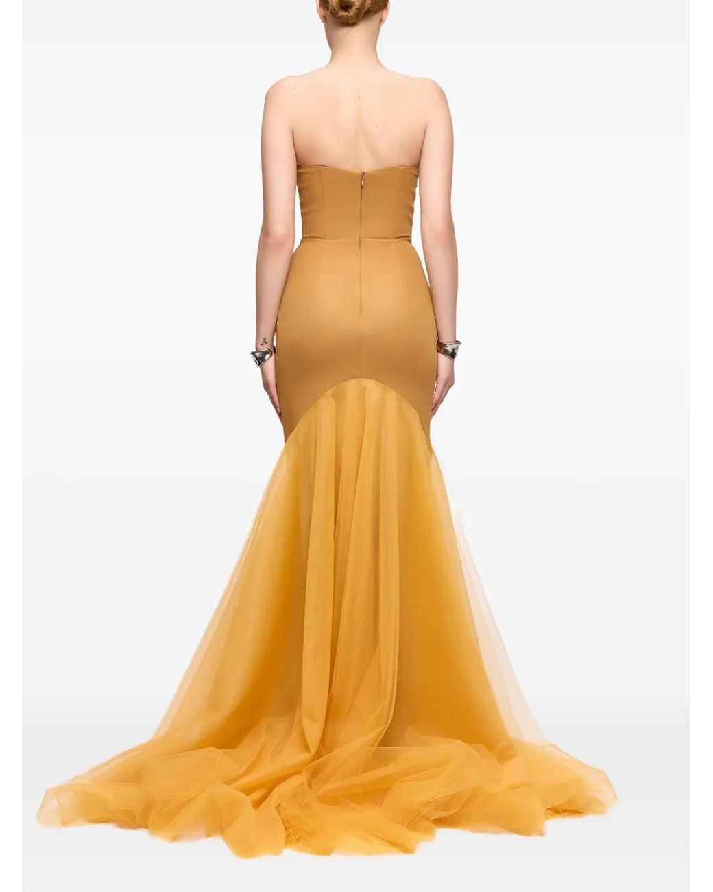 V:PM ATELIER Yellow Strapless Tulle-Overlay Gown