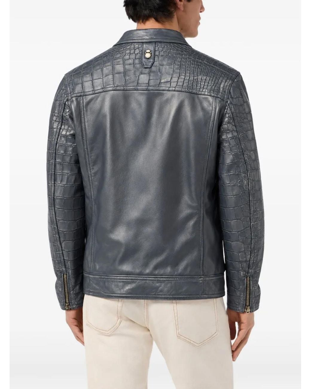 Billionaire Blue Crocodile-Effect Panelled Leather Jacket for men
