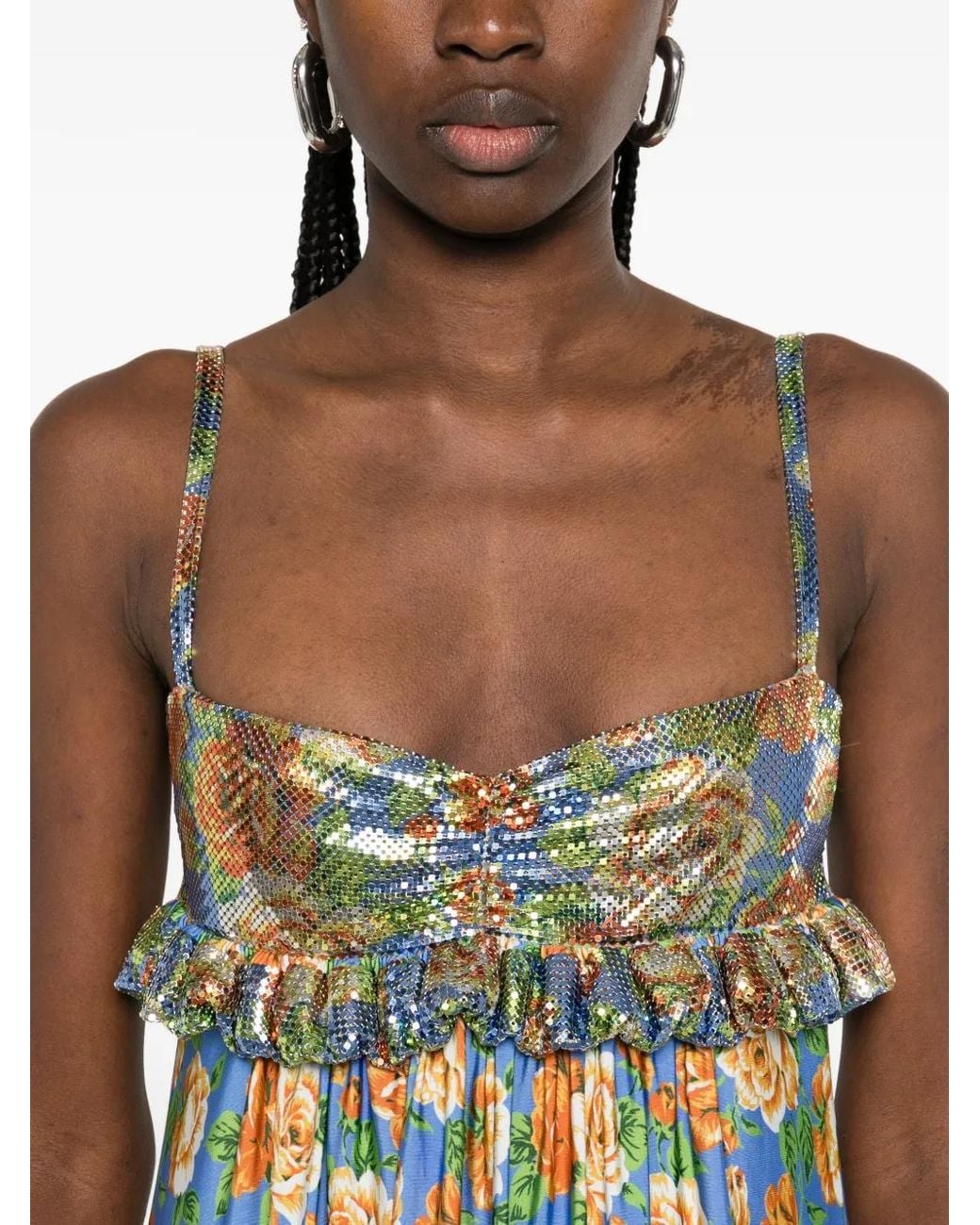 Rabanne Blue Ruffled Floral Mini Dress