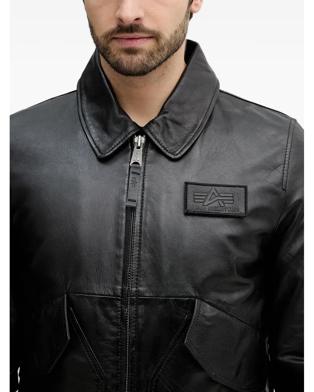 Alpha Industries Black Logo-Patch Leather Jacket for men