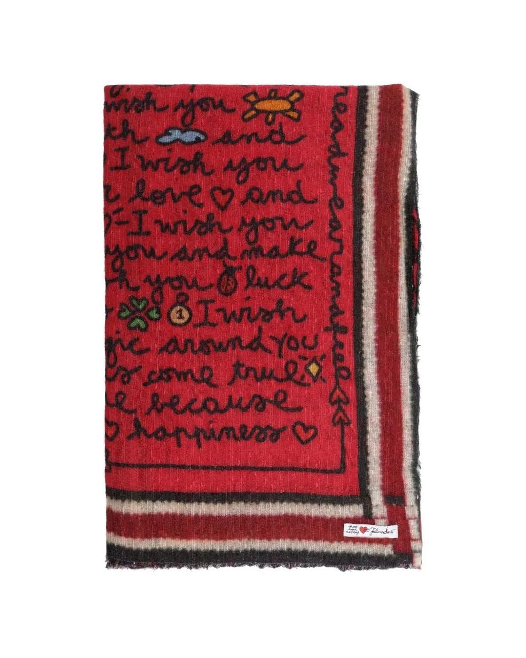 Faliero Sarti Red Friends Slogan-Print Frayed Scarf