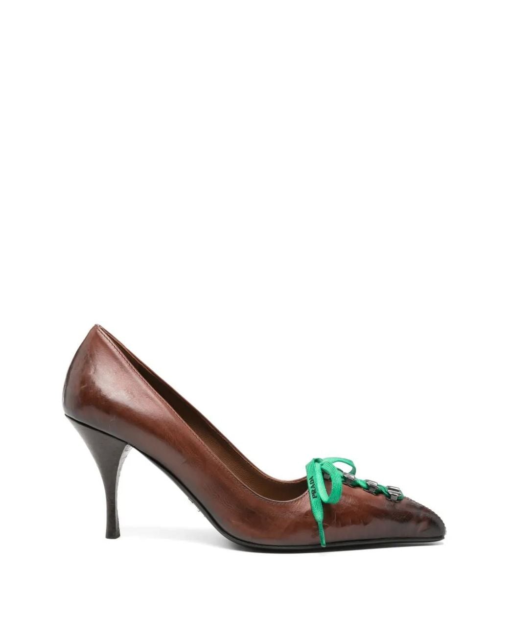 Prada Brown Antiqued Lace-Up Pointed-Toe Pumps
