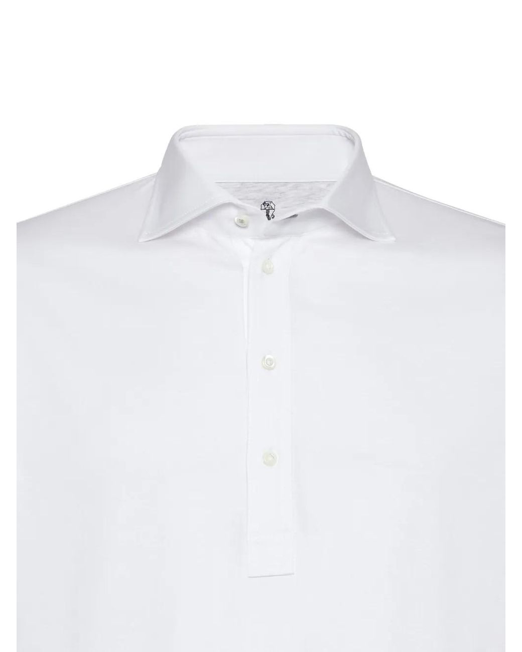 Brunello Cucinelli White Cotton Jersey Long Sleeve Polo With Shirt-Style Collar for men