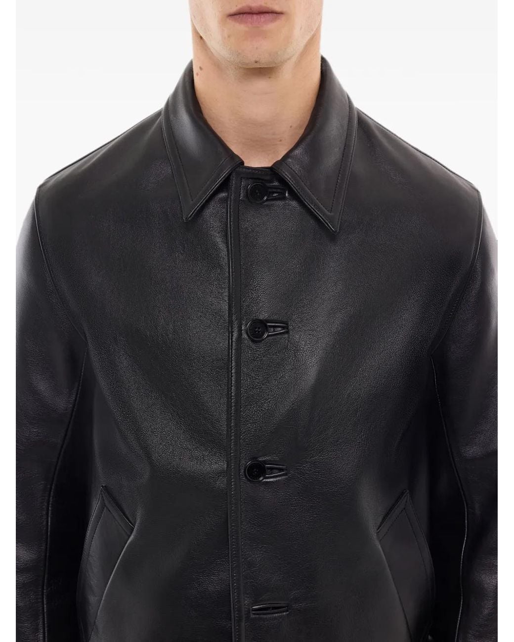 Fursac Black Button-Front Leather Jacket for men