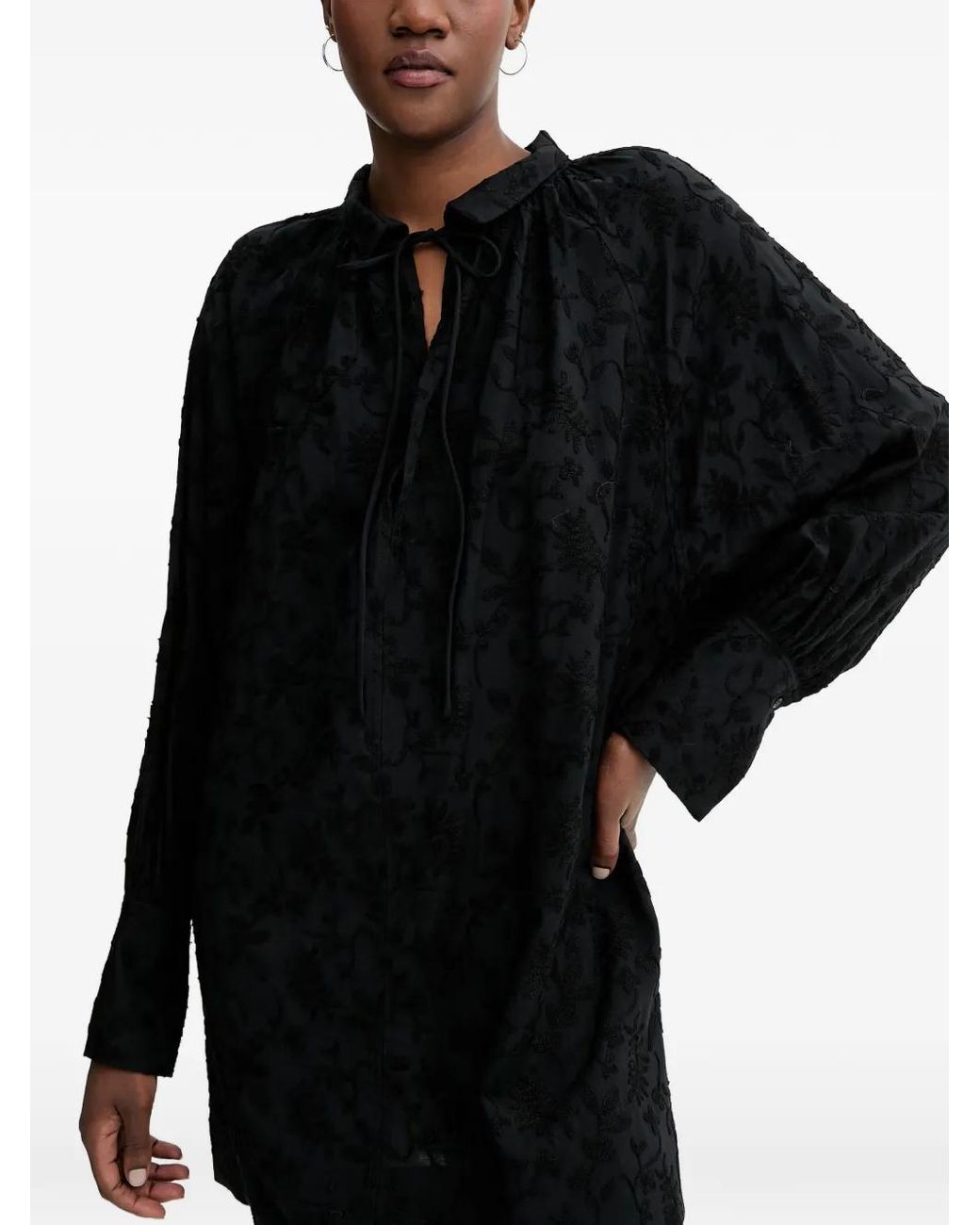 Munthe Black Betulli Floral-Embroidered Long-Sleeved Tie-Neck Mini Dress