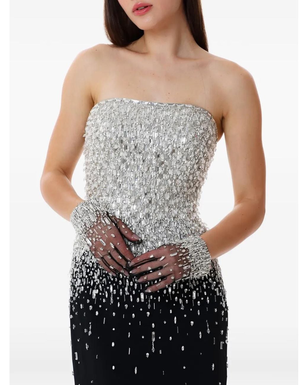 Dina Melwani Black Strapless Crystal Maxi Gown
