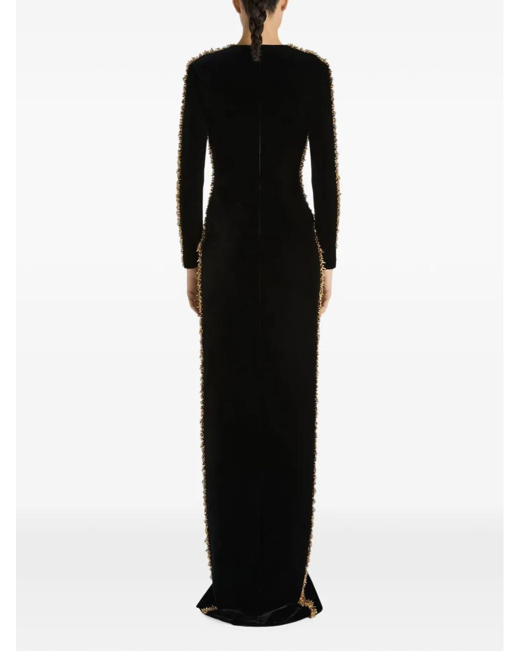 Balmain Black Long Velvet Dress With Embroidered Trim