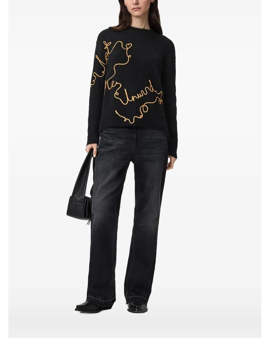 AllSaints Black Embroidered Crew-Neck Sweater
