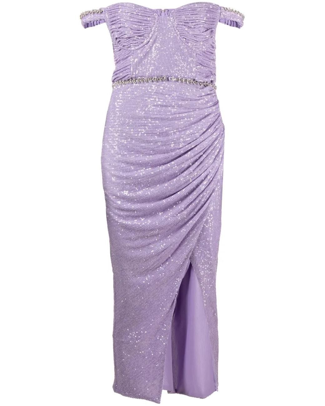 Self-Portrait Purple Sequin Off-shoulder Midi Dress