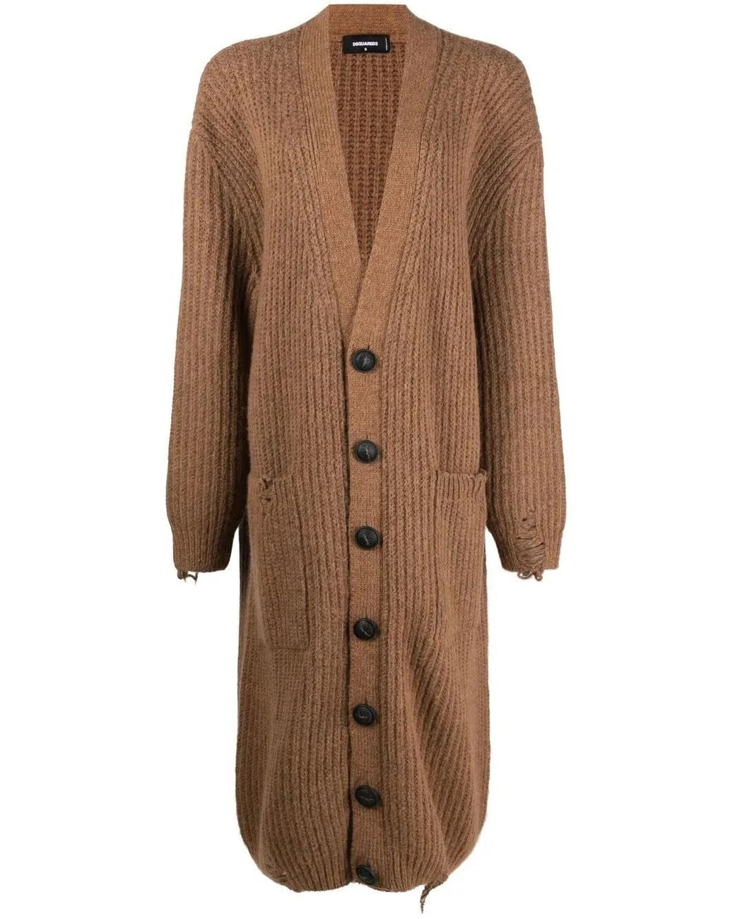 DSquared² Brown Extra-Long Distressed Knitted Cardigan
