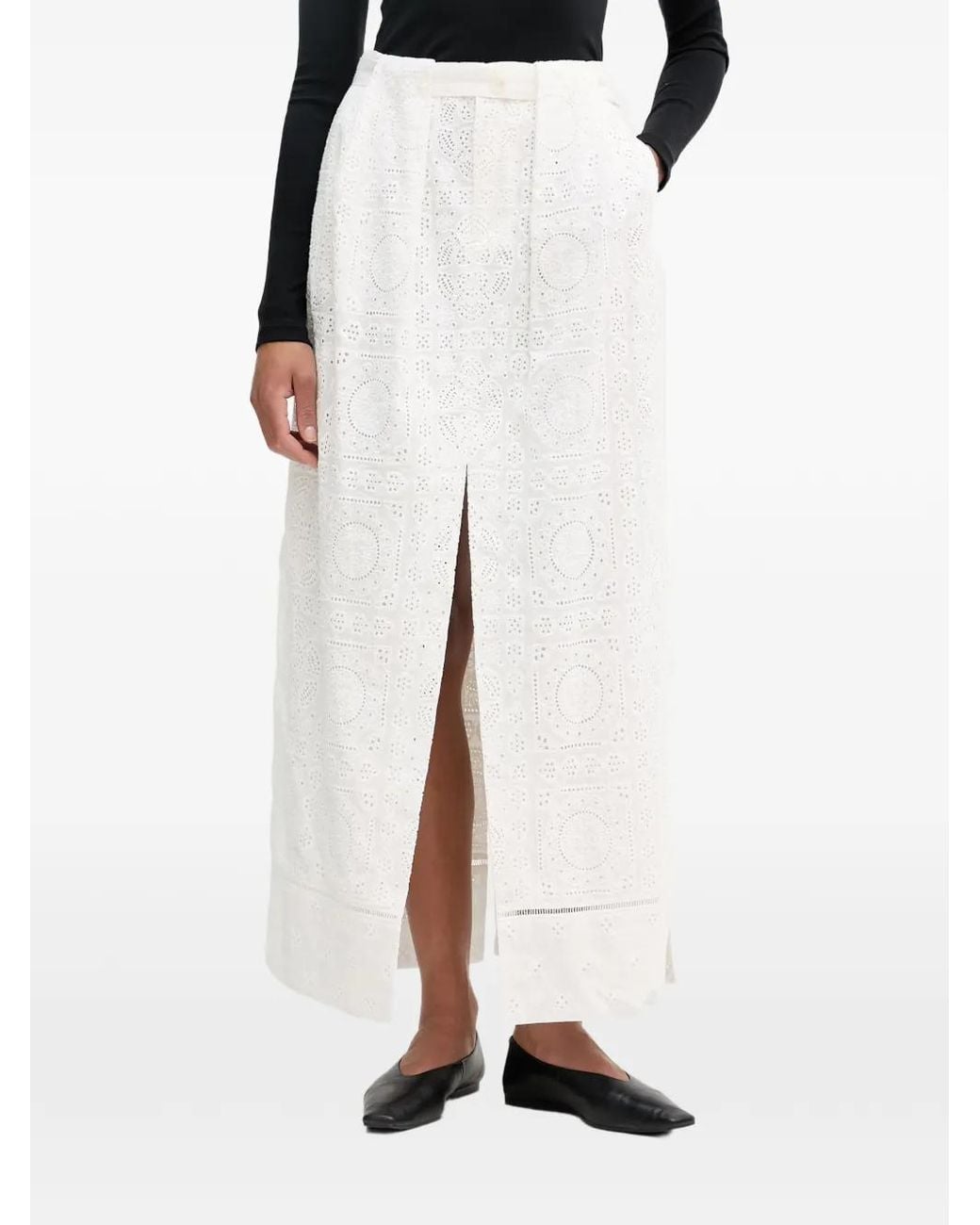 Isabelle Blanche White Broderie-Anglaise Front-Slit Maxi Skirt