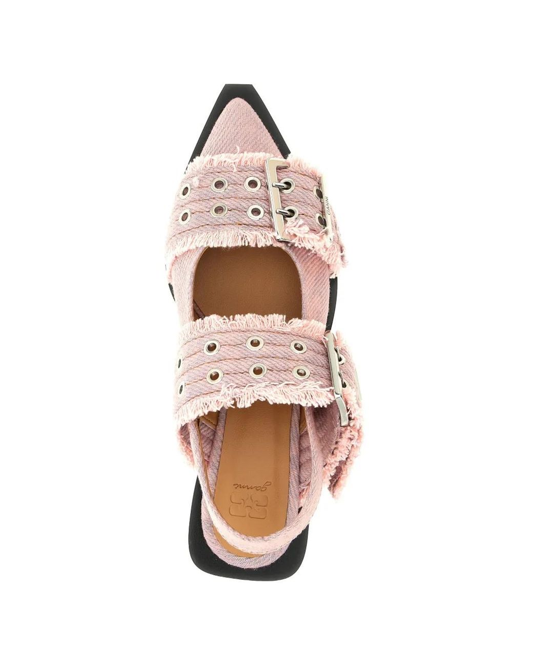 Ganni Pink Buckle Fringed Denim Flat Pumps