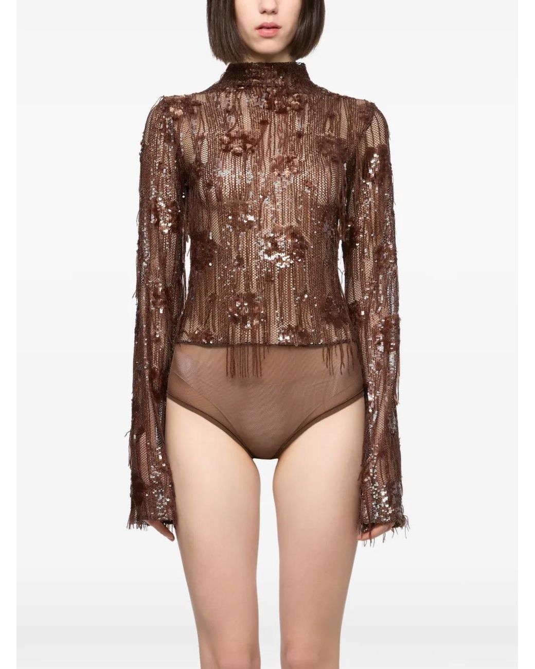 Atu Body Couture Brown Sequin-Embellished Fringed Bodysuit