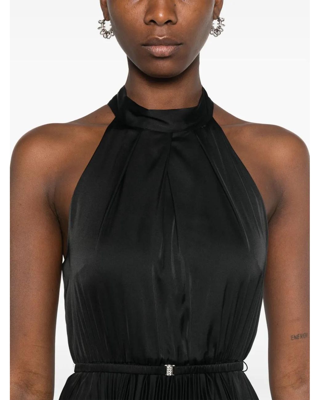 Nissa Black Pleated Satin Midi Dress