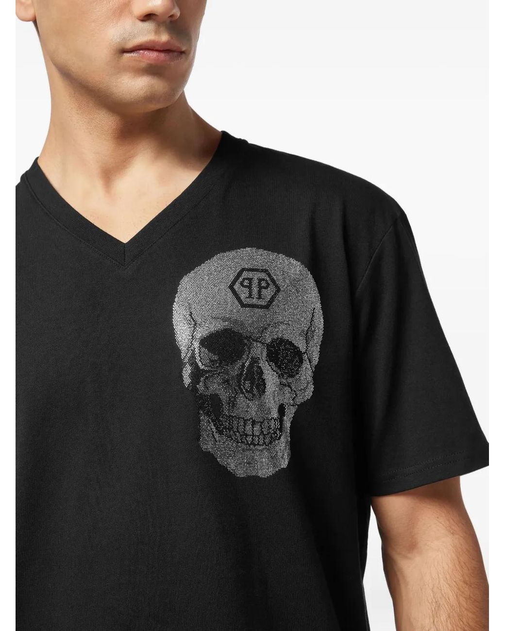 Philipp Plein Black Crystal-Skull V-Neck T-Shirt for men
