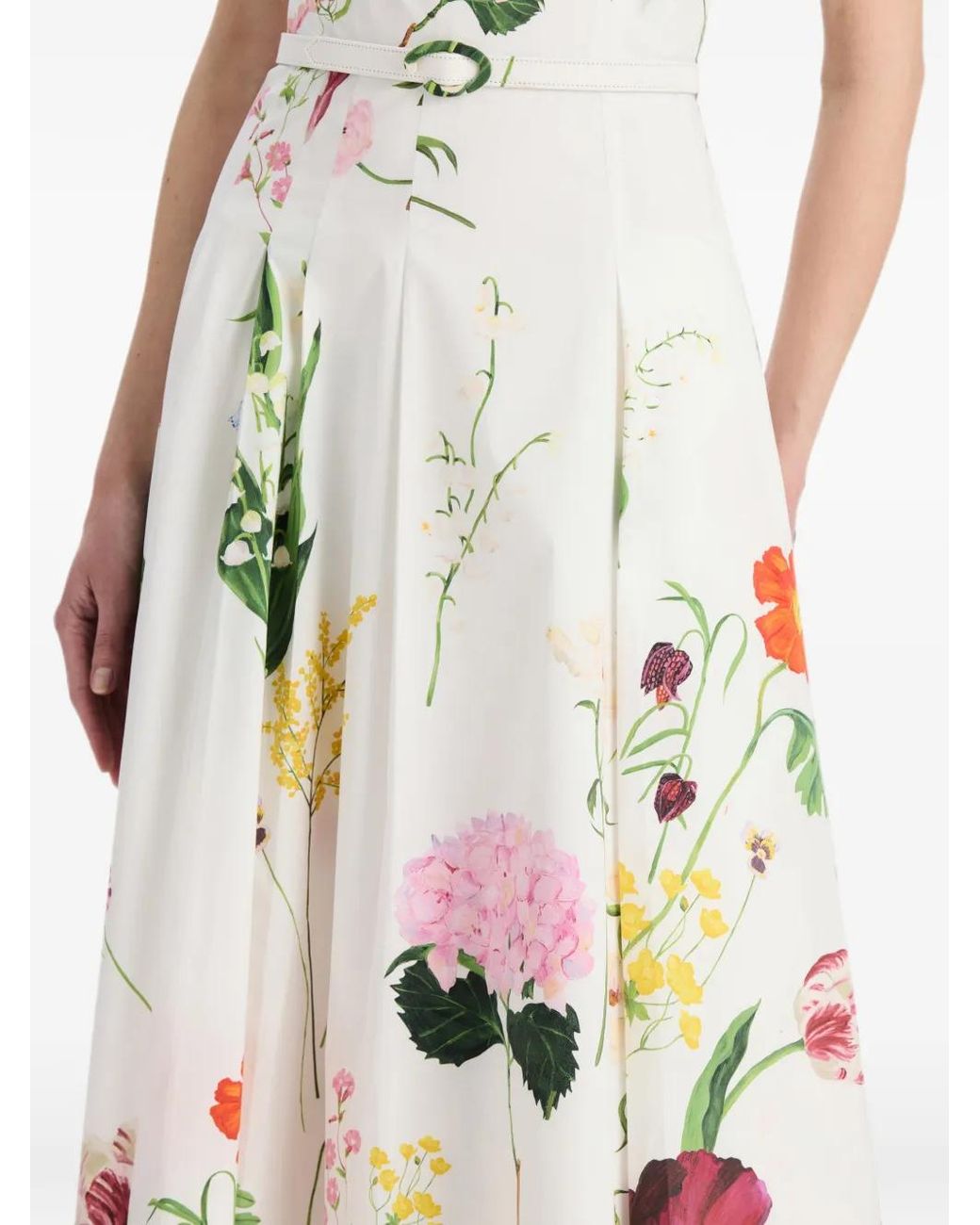 Oscar de la Renta White Botanical-Print Sleeveless Midi Dress