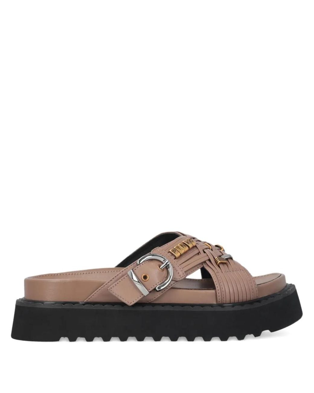 Pinko Brown Buckled Leather Sandals