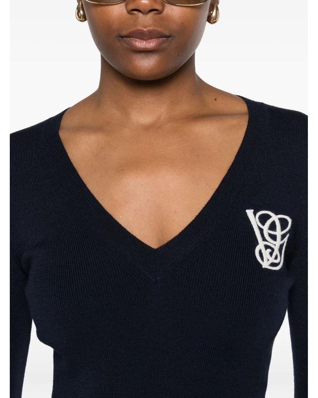 Valentino Garavani Blue Ruffled V-Neck Wool Sweater