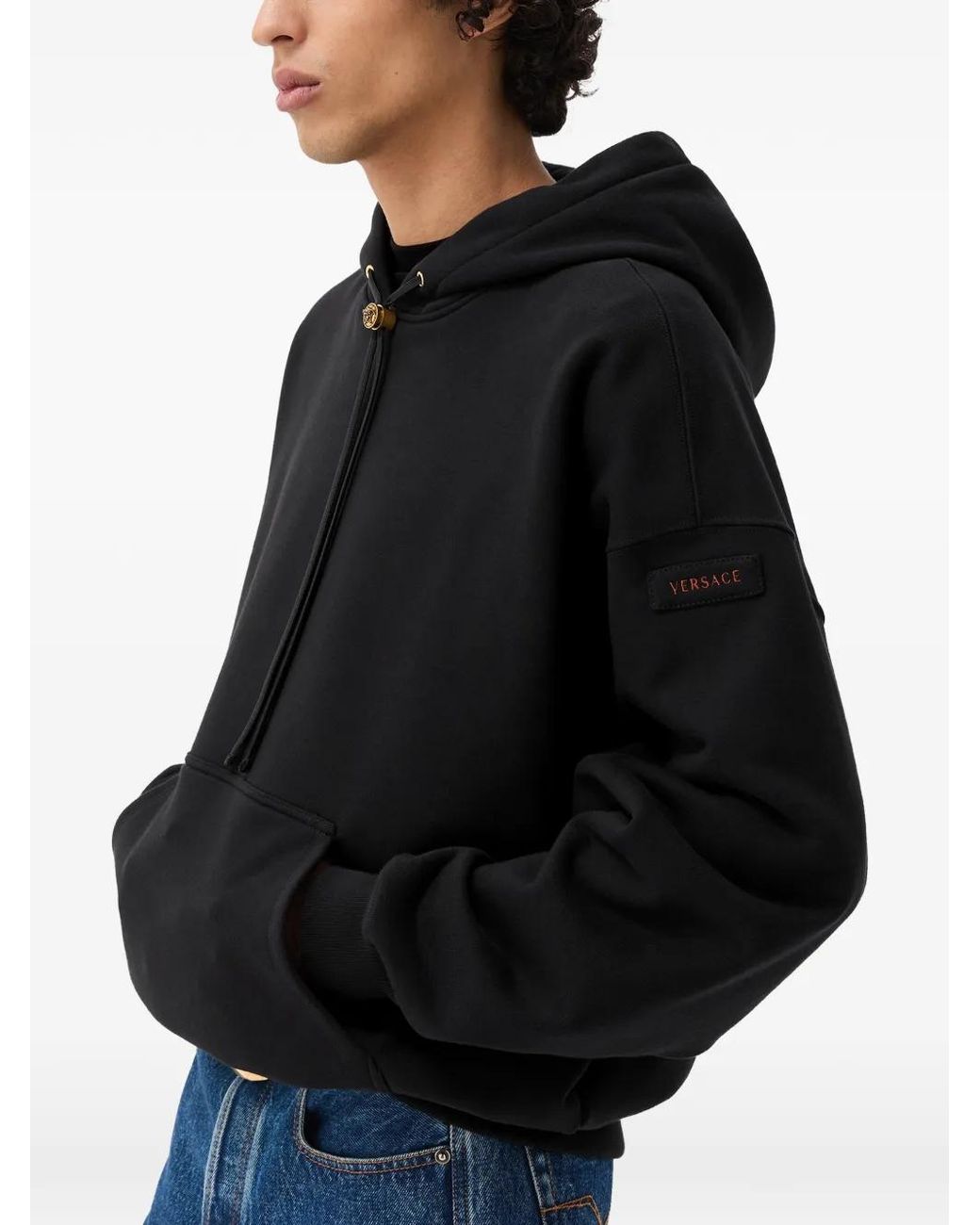 Versace Black Logo-Patch Drawstring Hoodie for men