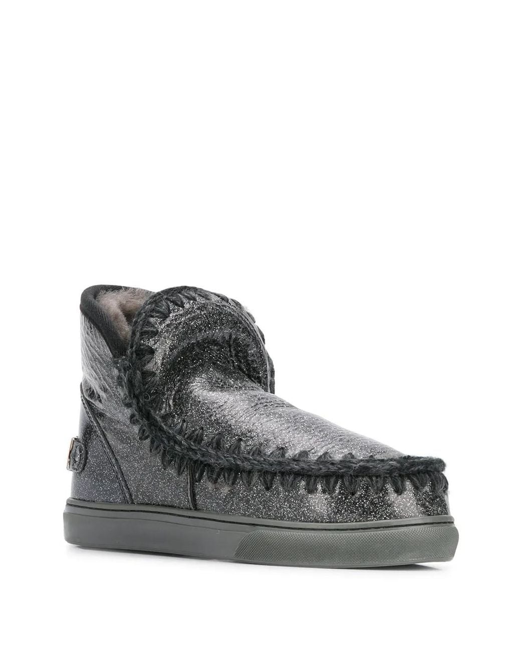 Mou Black Crochet Stitch-Trim Glitter Sneaker Boots