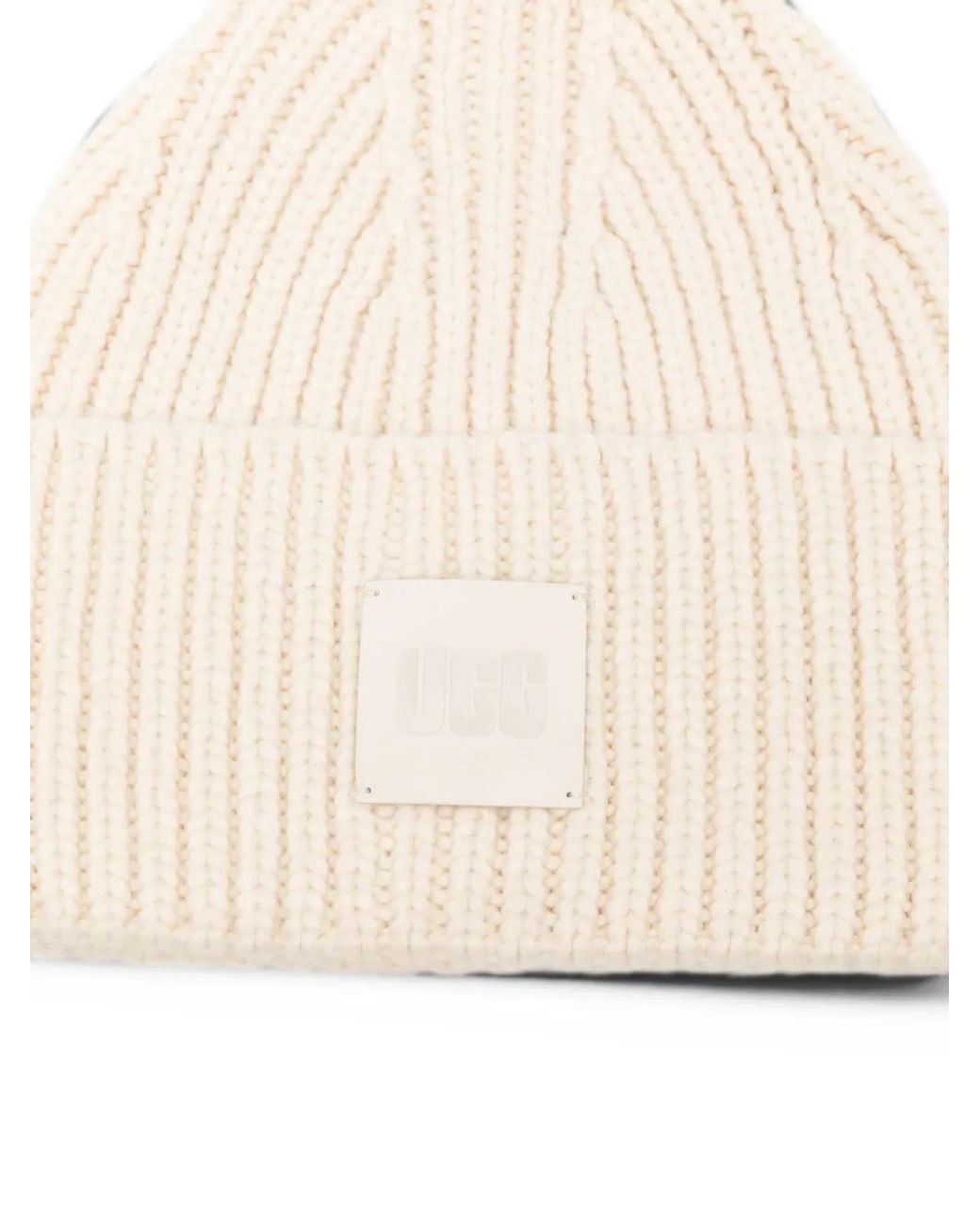 Ugg Natural Logo-Patch Ribbed-Knit Beanie Hat