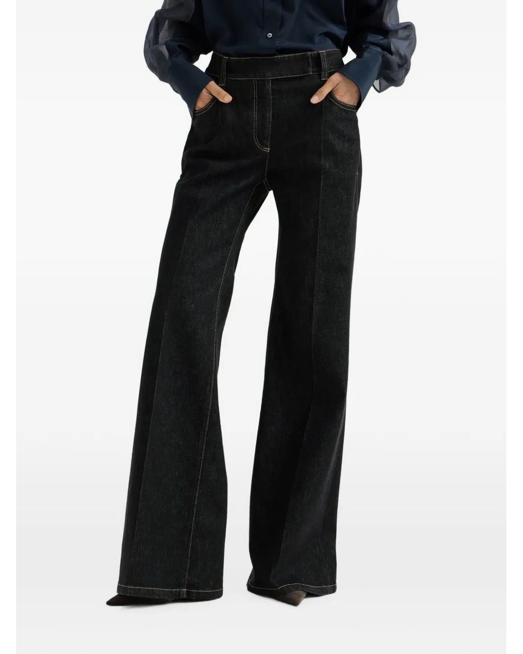 Brunello Cucinelli Black Comfort No-Fade Denim Flared Trousers With Monili