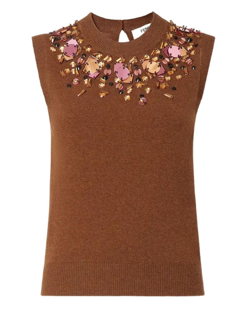 Fendi Brown Crystal-Embellished Sleeveless Knitted Top