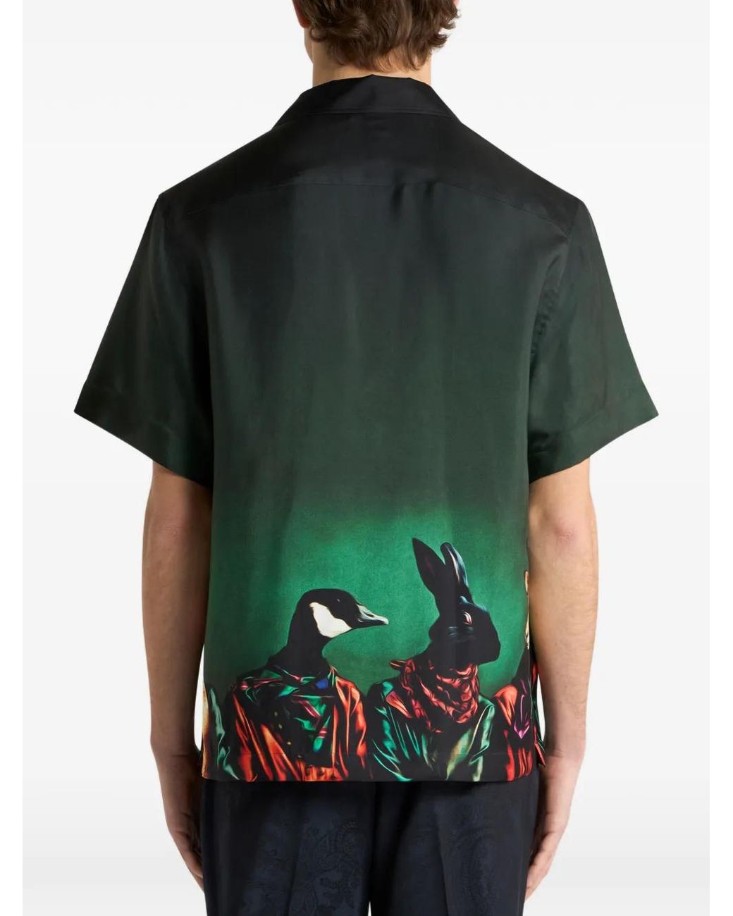 Etro Green Chemise De Bowling En Soie À Imprimé Animalier Placé for men